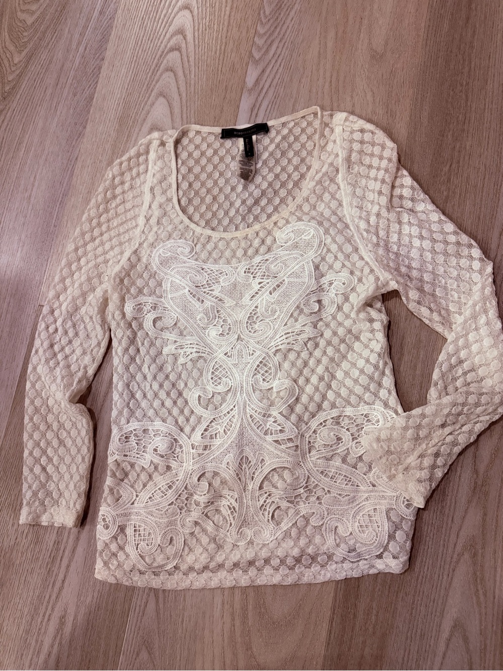 BCBGMaxAzria Cream Lace-Overlay Long Sleeve Top
